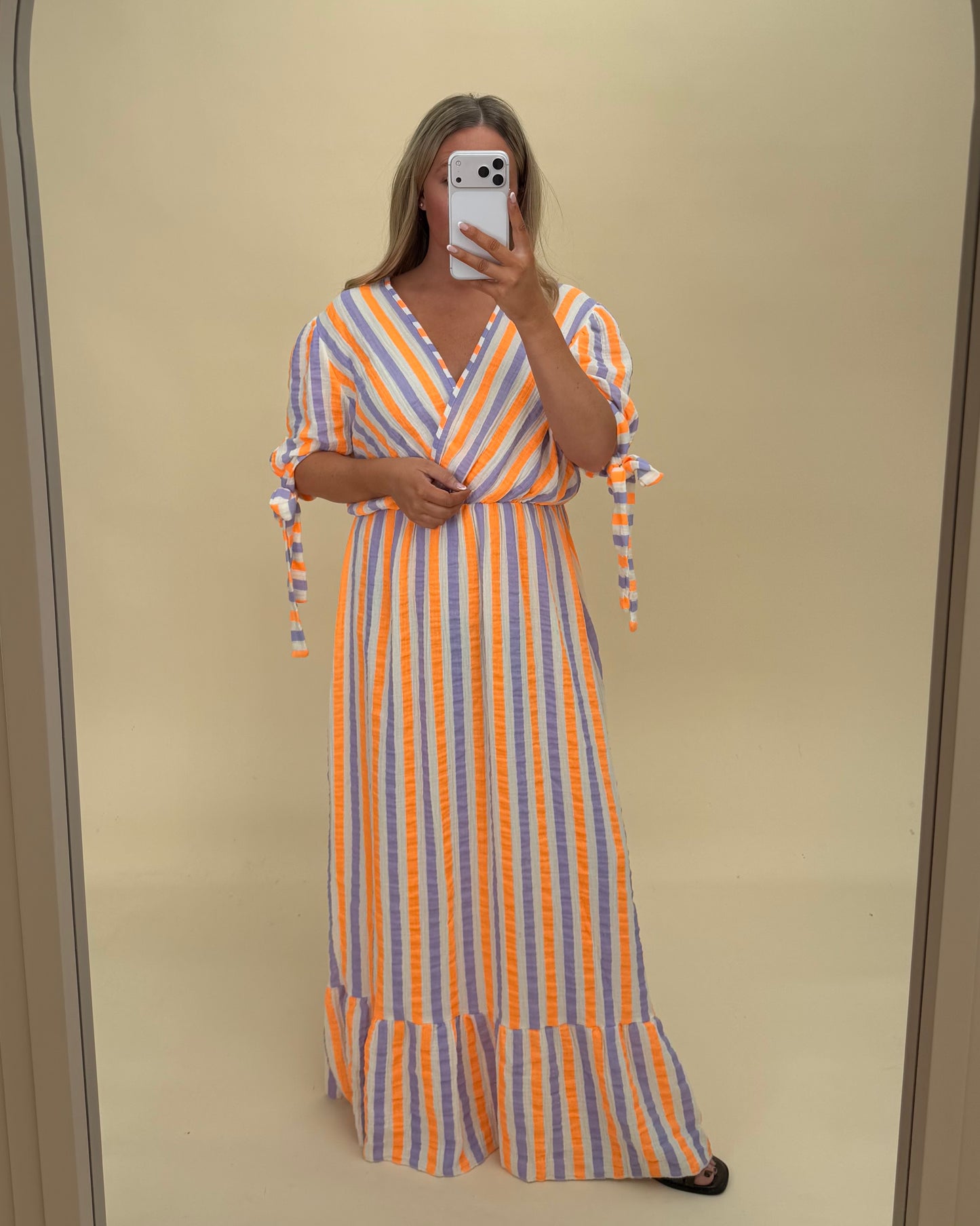 BOW SLEEVE STRIPE 100% COTTON MAXI DRESS