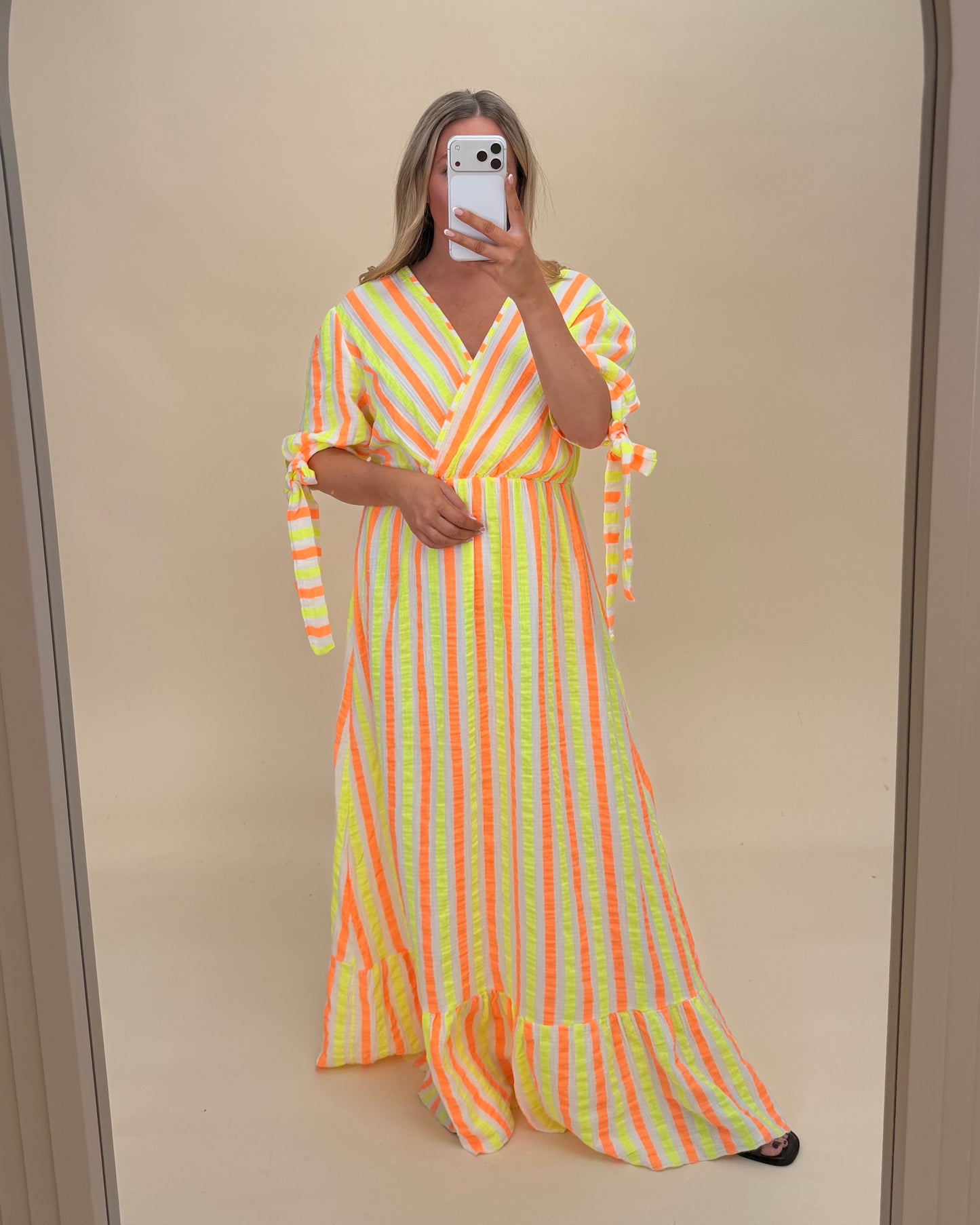BOW SLEEVE STRIPE 100% COTTON MAXI DRESS