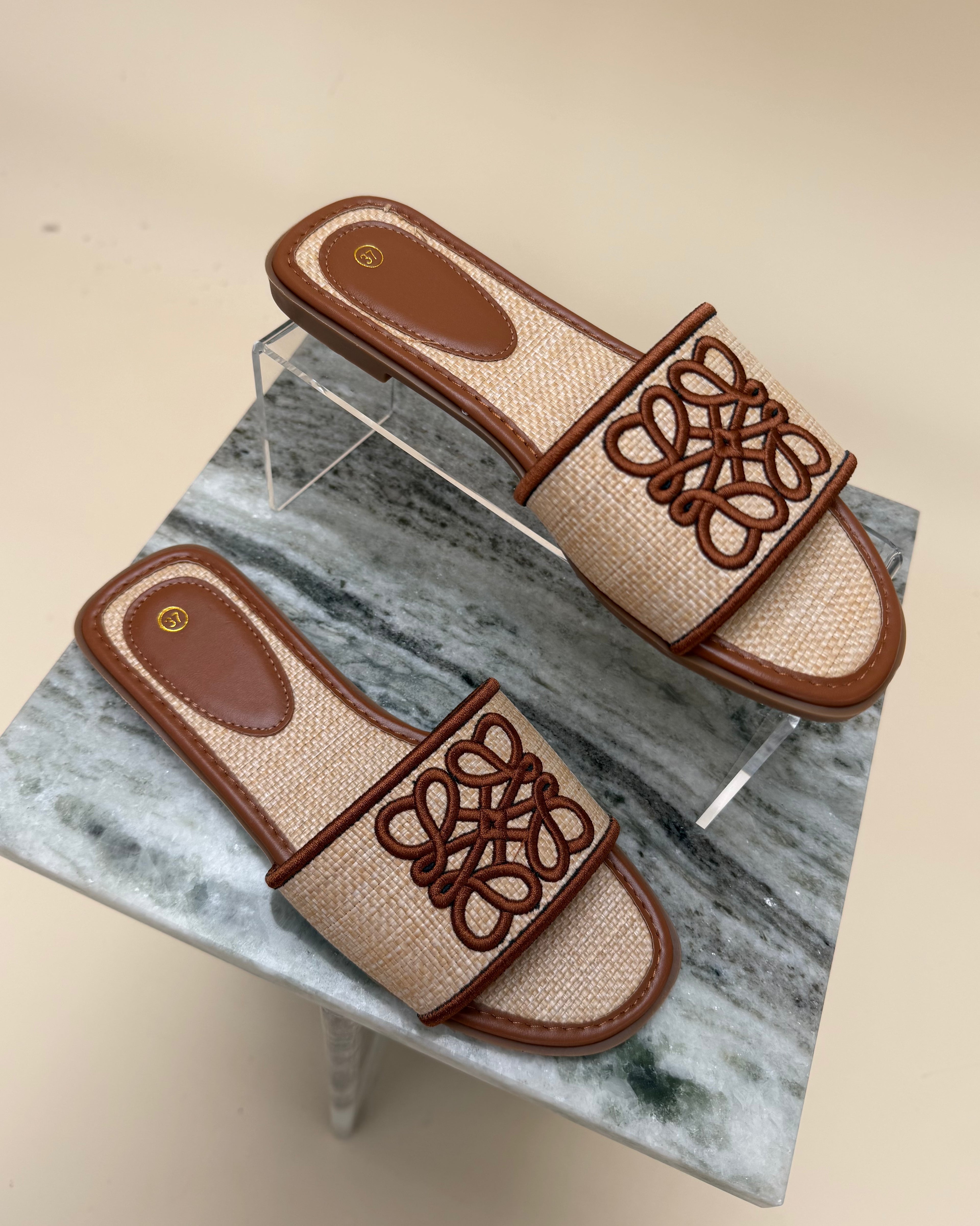 Raffia Embroidered Slide Sandals