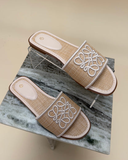 Raffia Embroidered Slide Sandals