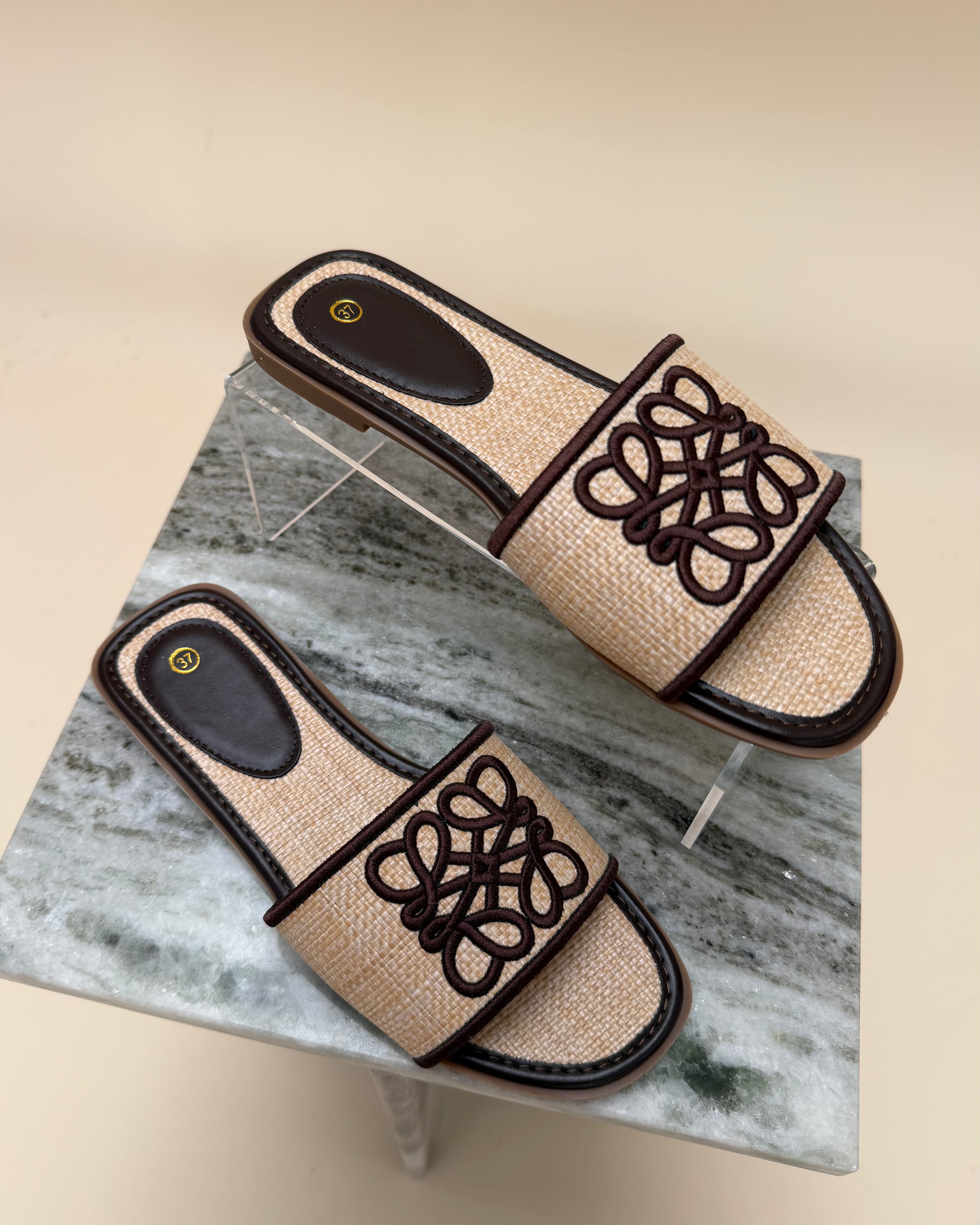 Raffia Embroidered Slide Sandals