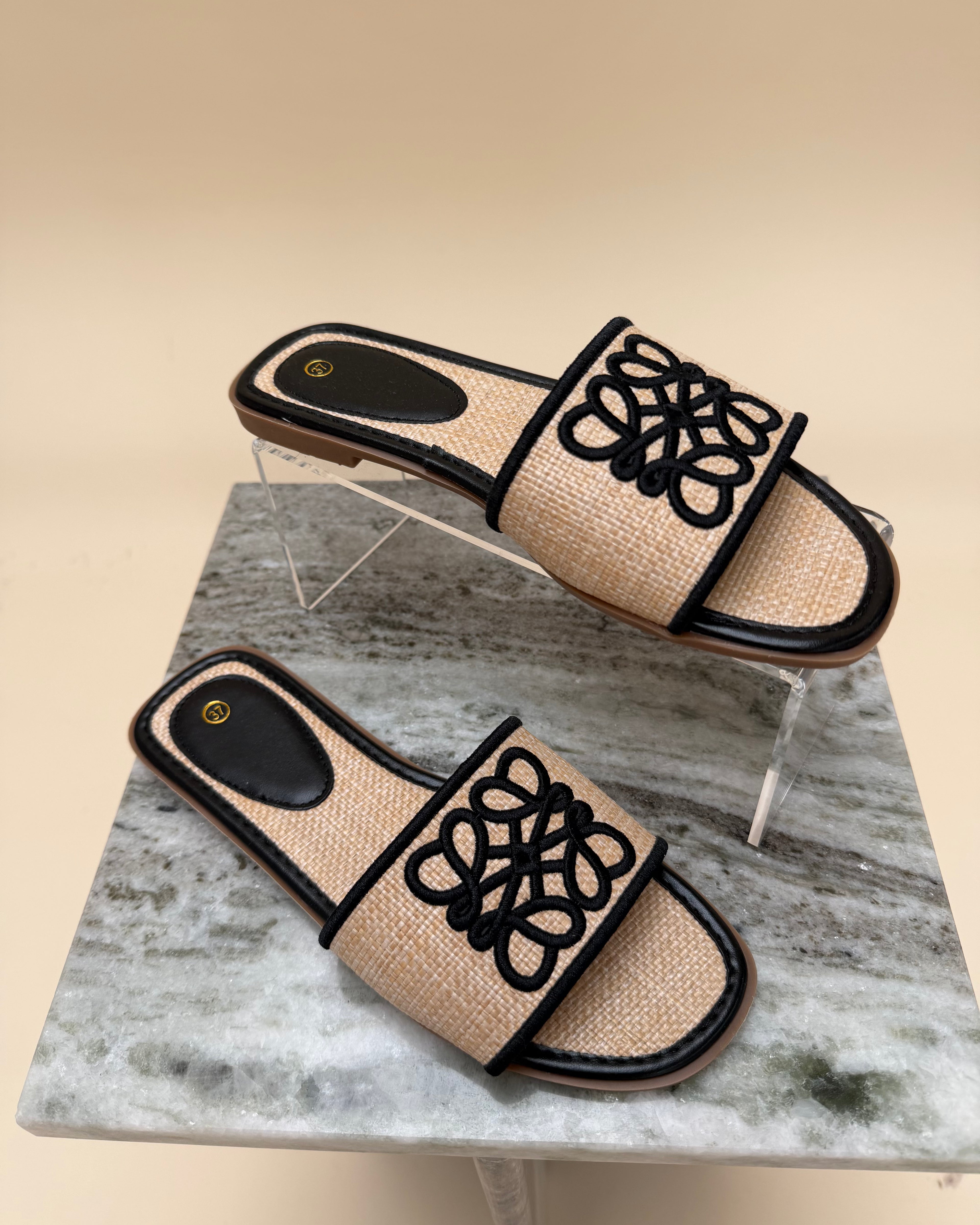 Raffia Embroidered Slide Sandals