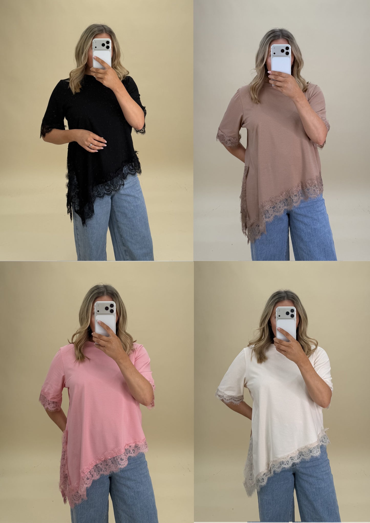 LACE TRIM COTTON T-SHIRT ASYMMETRIC HEM