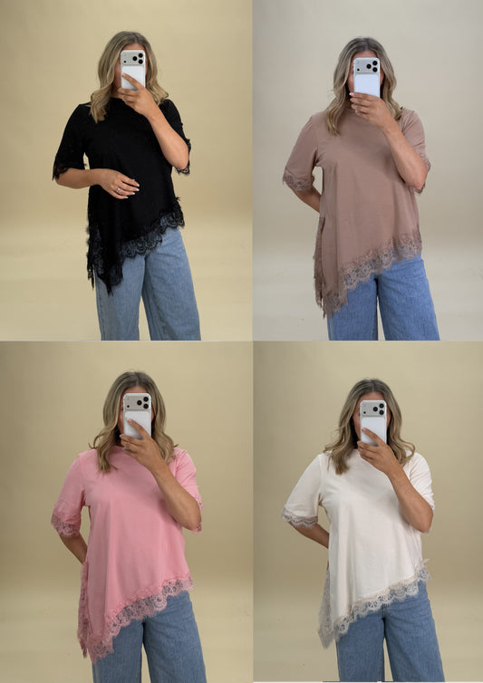 LACE TRIM COTTON T-SHIRT ASYMMETRIC HEM