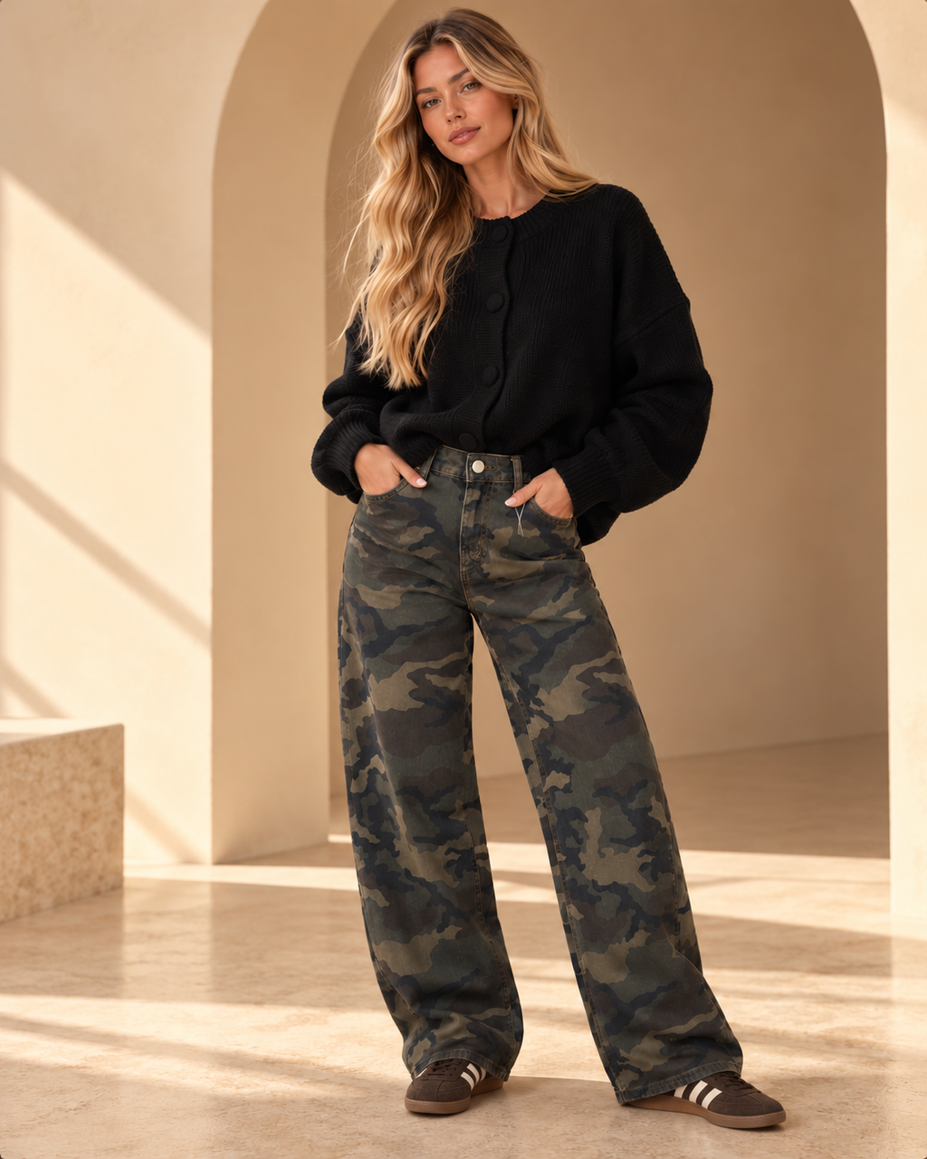Lily Camo Barrel Leg Jeans (size down)