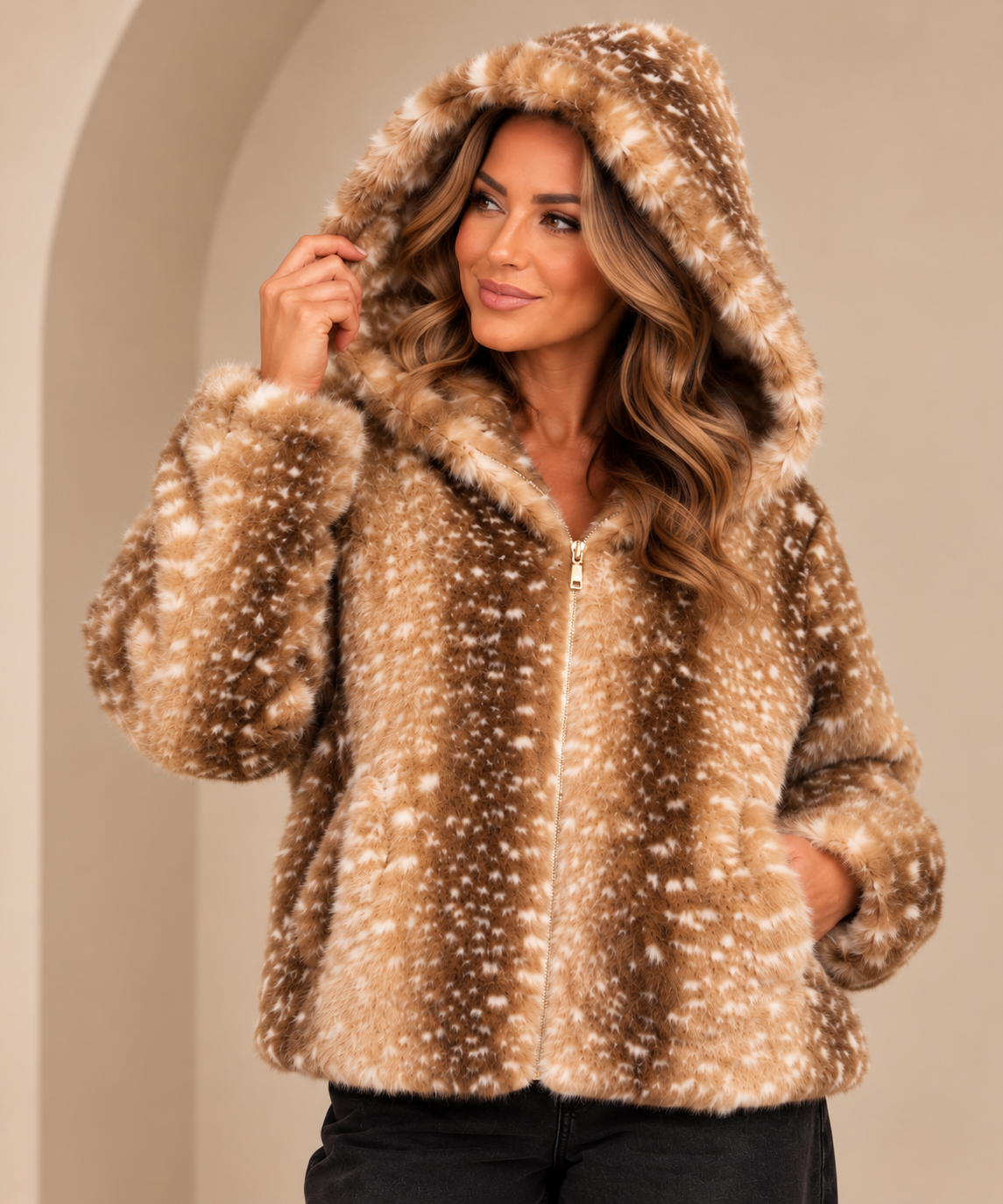 Elodie Hooded Deer Print Faux Fur Jacket