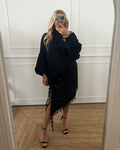 SEQUIN ASYMMETRIC MIDI SKIRT WITH LACE HEM