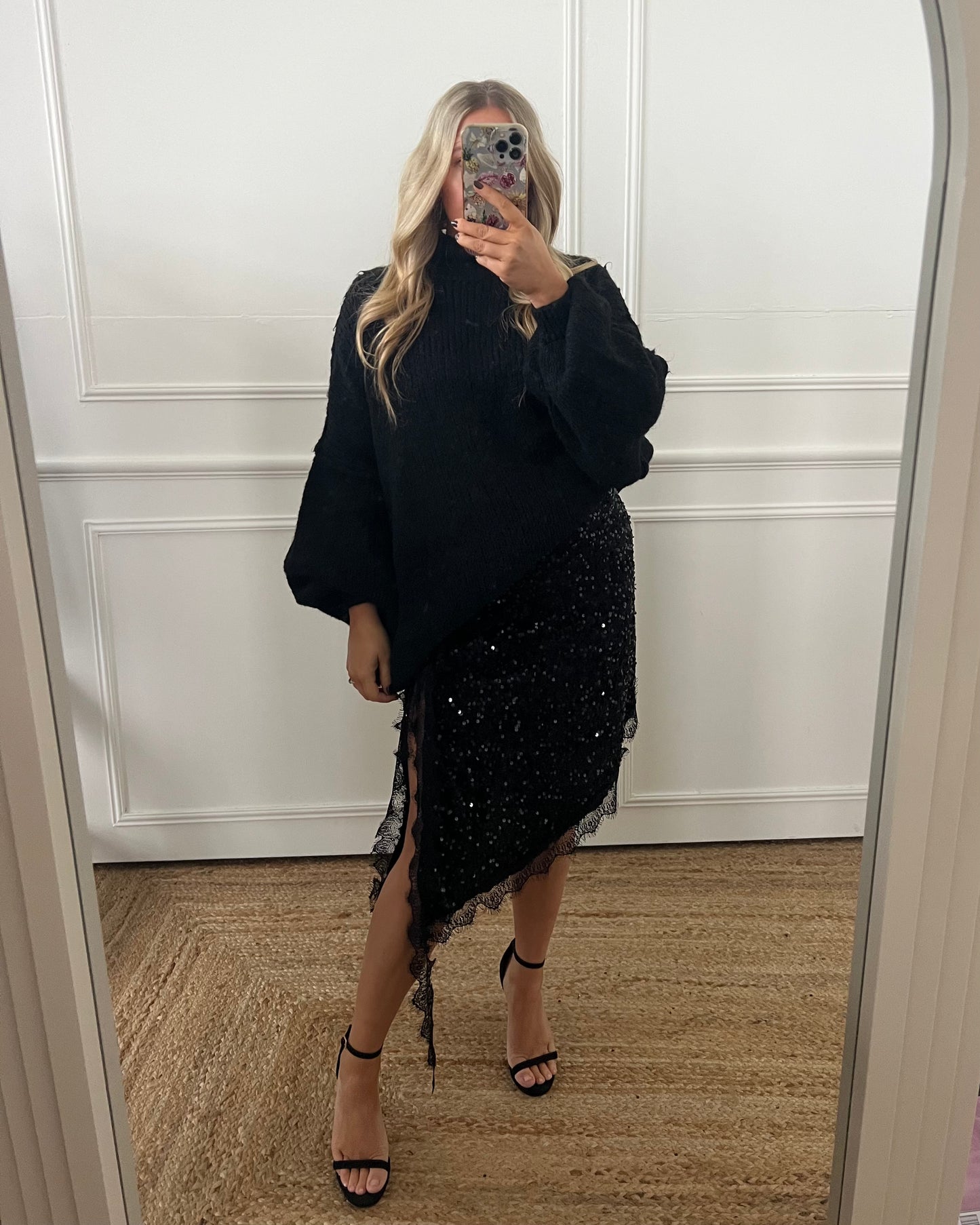 SEQUIN ASYMMETRIC MIDI SKIRT WITH LACE HEM