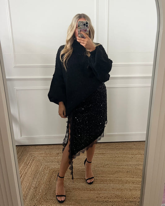SEQUIN ASYMMETRIC MIDI SKIRT WITH LACE HEM