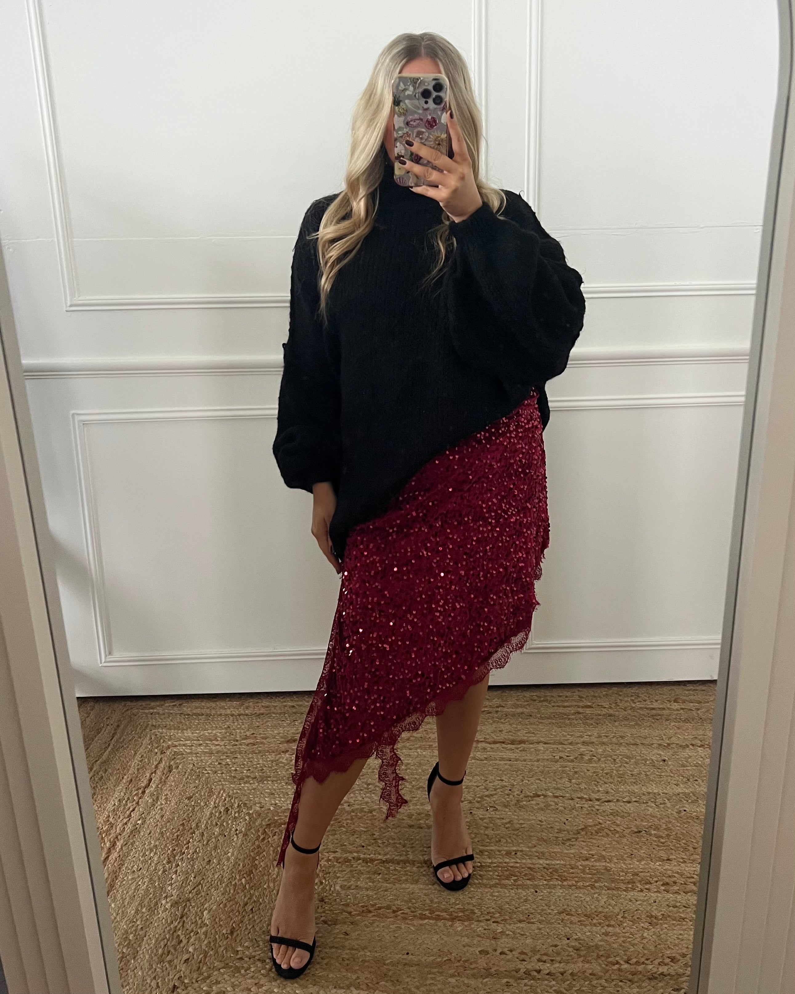 SEQUIN ASYMMETRIC MIDI SKIRT WITH LACE HEM