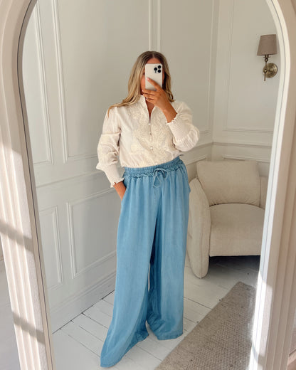 TENCEL DENIM LOOK WIDE LEG TROUSERS