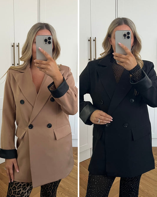 OVERSIZED BLAZER WITH FAUX LEATHER OR LEOPARD CUFFS