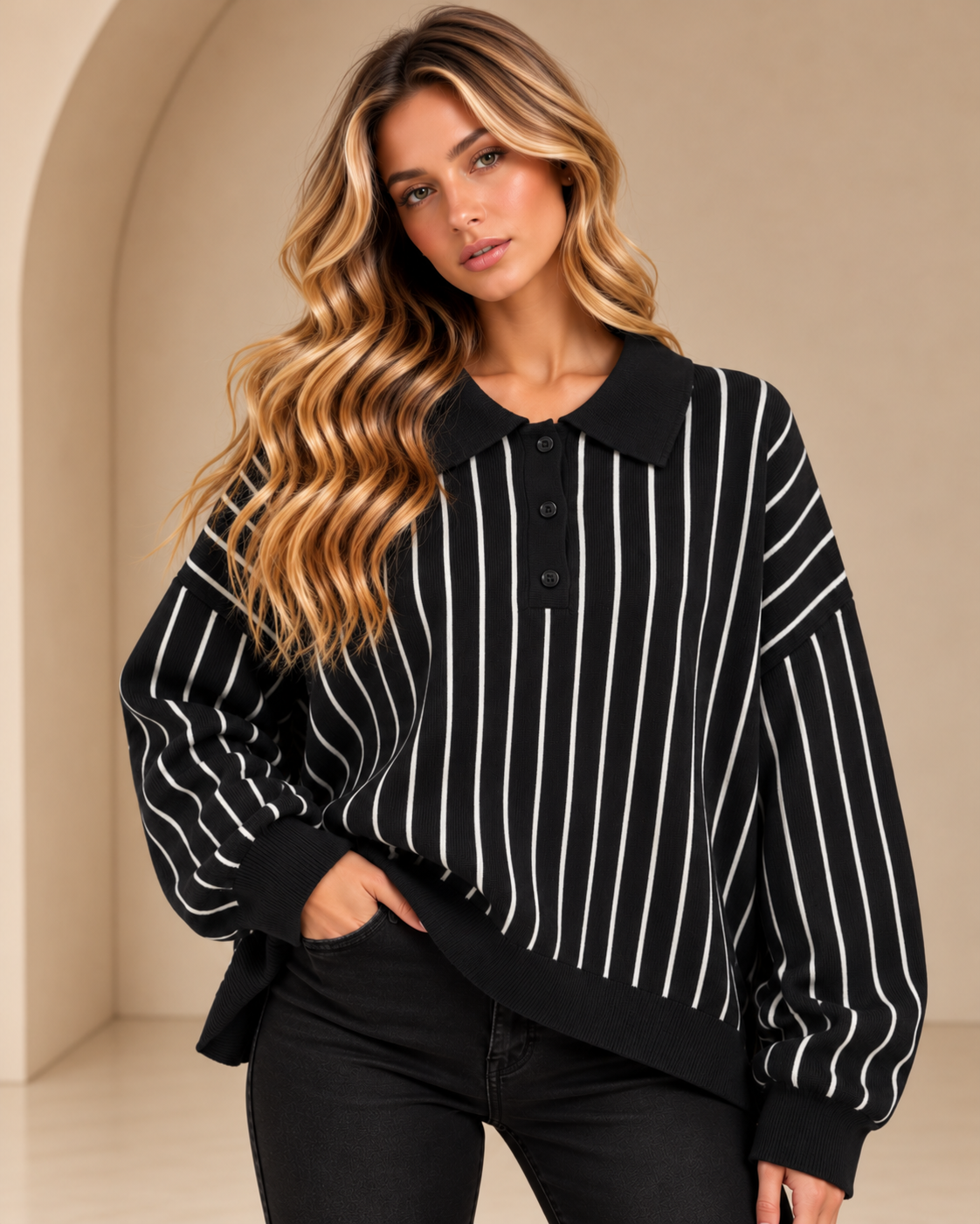 Harper Stripe Collared Knit Jumper
