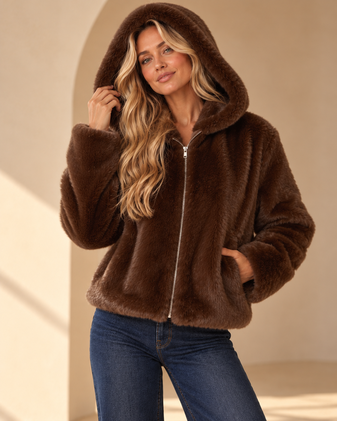 Aurora Zip Through Faux Fur Hooded Jacket