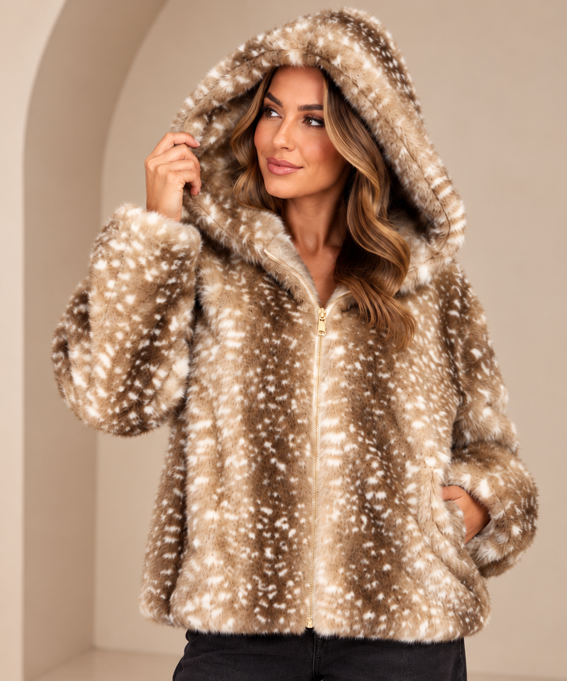 Elodie Hooded Deer Print Faux Fur Jacket
