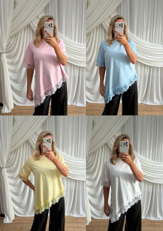 LACE TRIM COTTON T-SHIRT ASYMMETRIC HEM