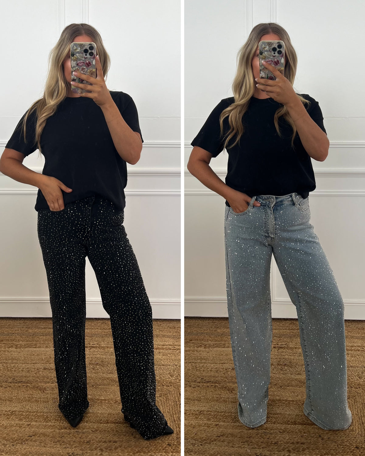 SPARKLE RHINESTONE WIDE LEG JEANS