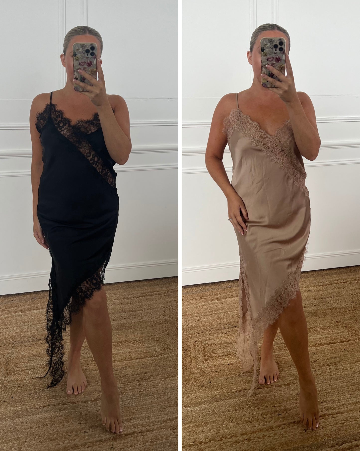 SATIN ASYMMETRIC LACE SLIP DRESS