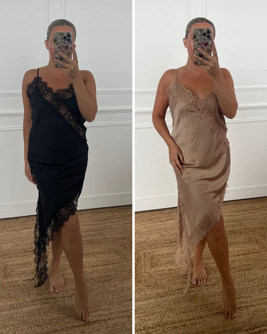 SATIN ASYMMETRIC LACE SLIP DRESS